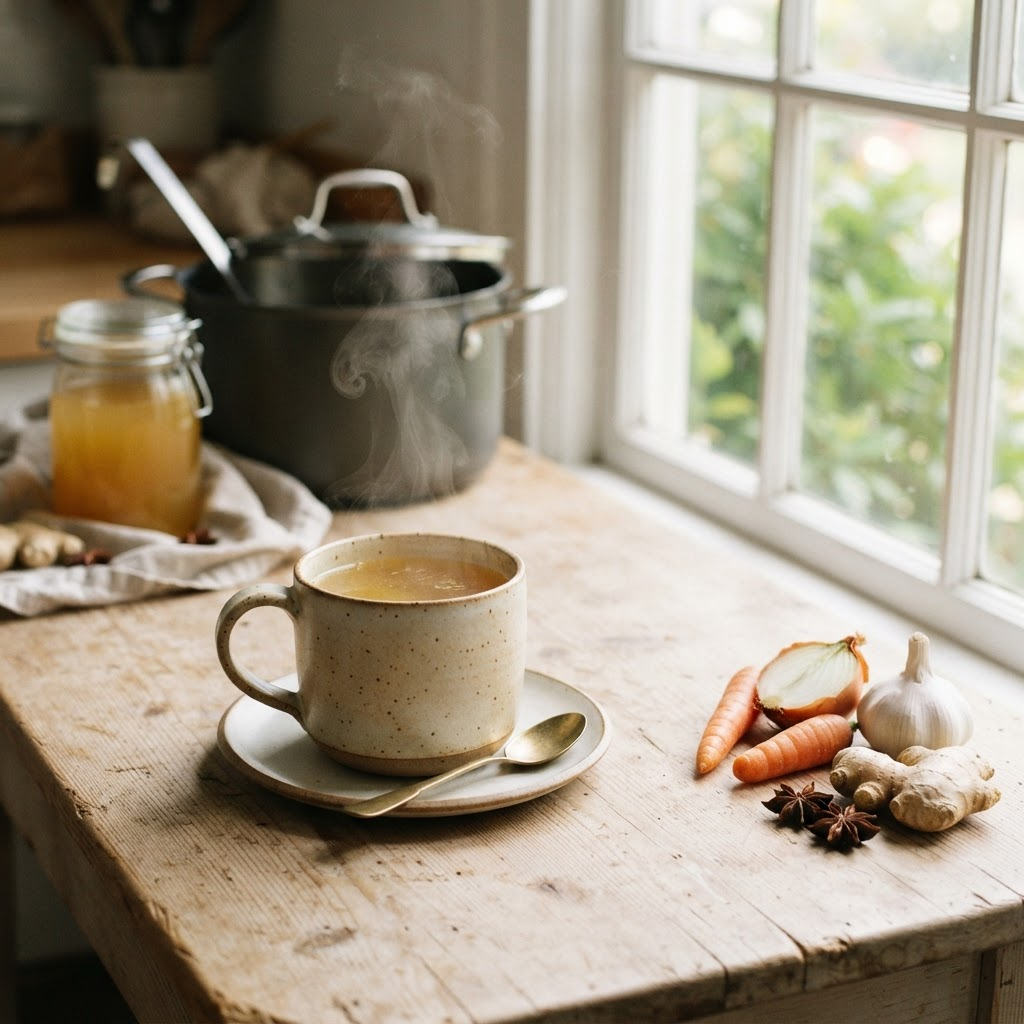 A steaming mug of golden bone broth on a wooden table with vegetables and herbs nearby