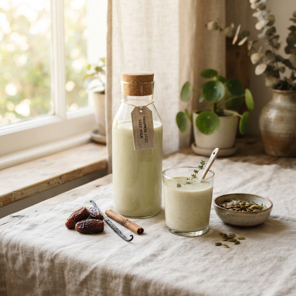 A glass and bottle of creamy pumpkin seed milk beside raw pumpkin seeds, dates, and a vanilla pod