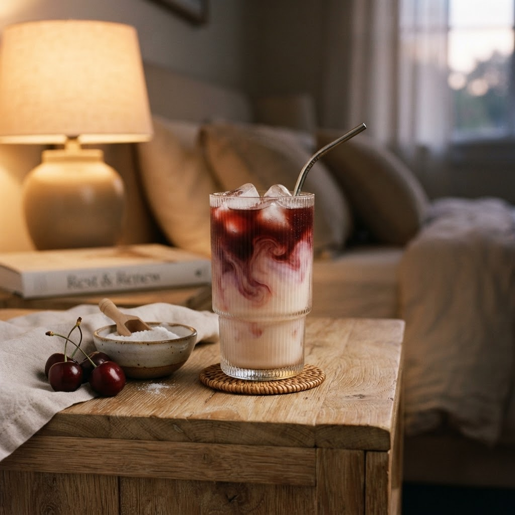 A tall glass of maroon-to-cream gradient sleepy time drink over ice on a nightstand