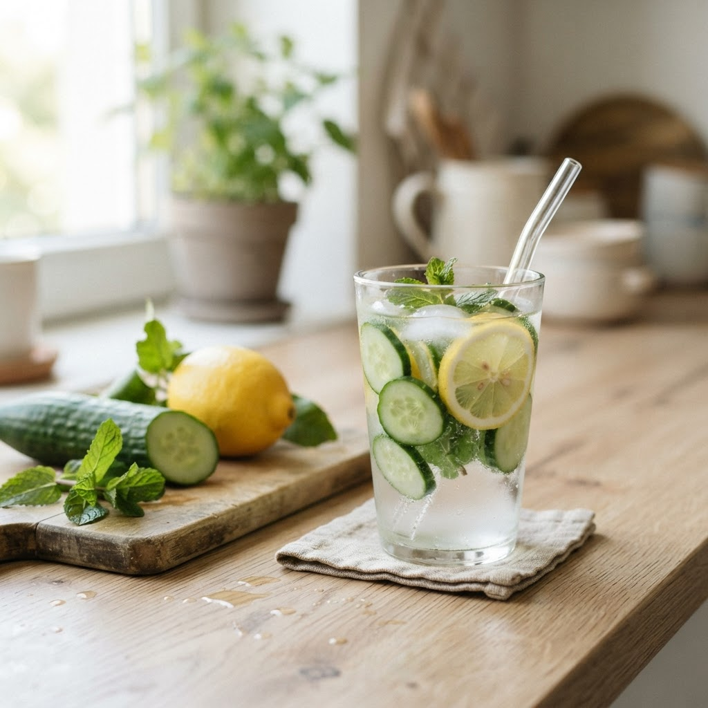 A glass of water infused with cucumber, lemon, and mint beside fresh produce