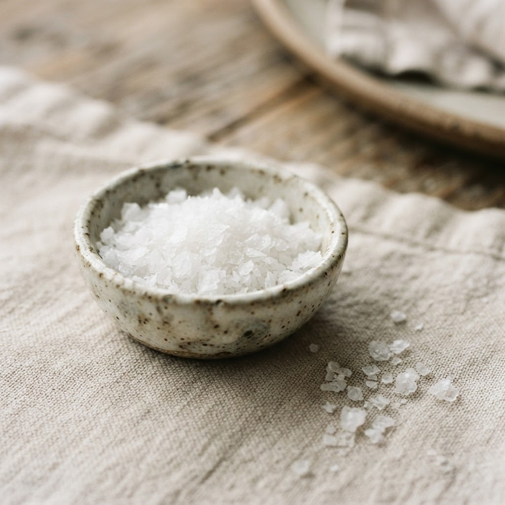 Flaky natural sea salt in a small ceramic pinch bowl on linen