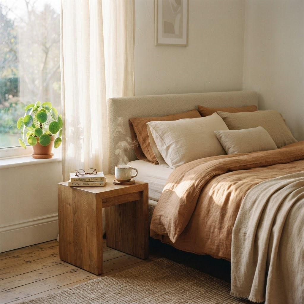 Soft morning light streaming through linen curtains onto a made bed with a mug on the nightstand