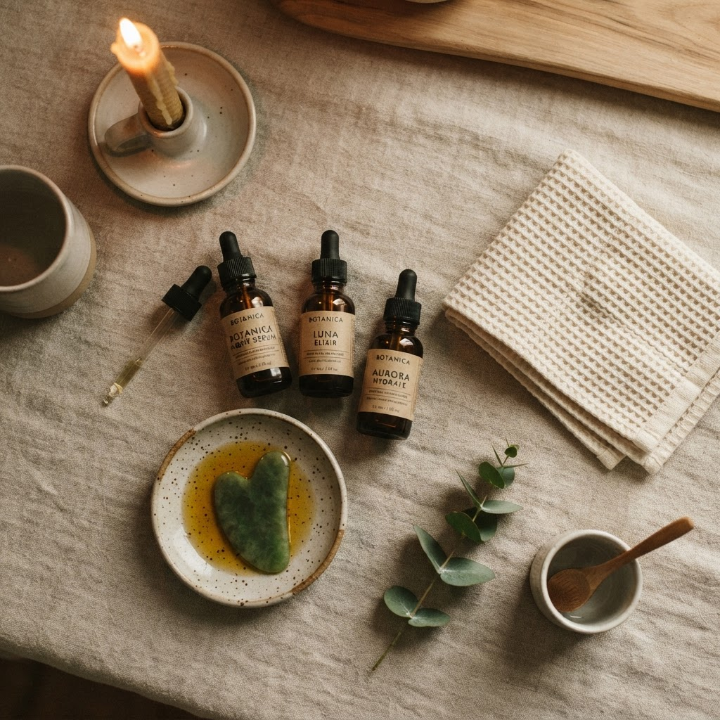A calm flat-lay of non-toxic skincare products, a gua sha stone, and a washcloth in warm evening light