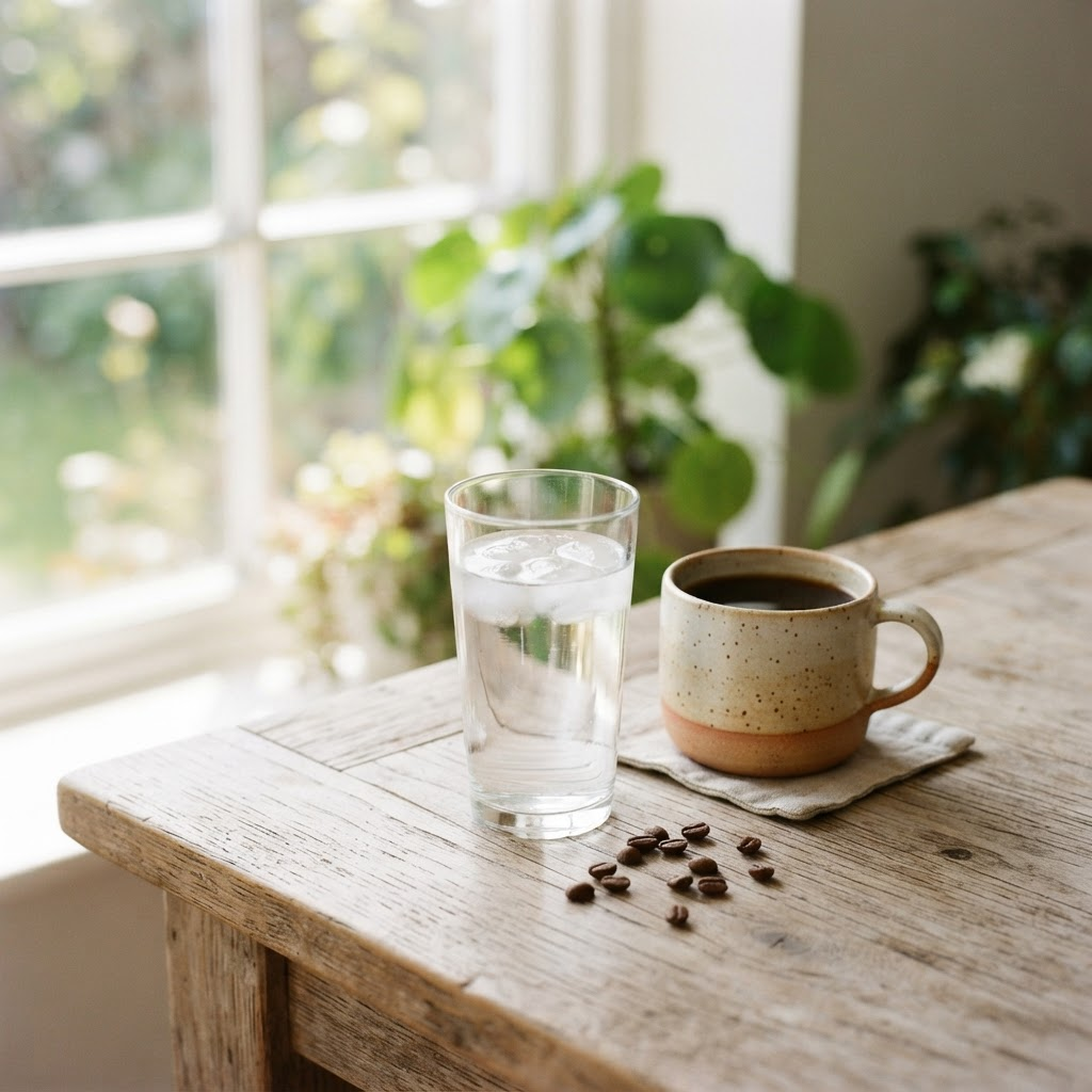 A tall glass of water in front of a ceramic mug of coffee on a wooden table