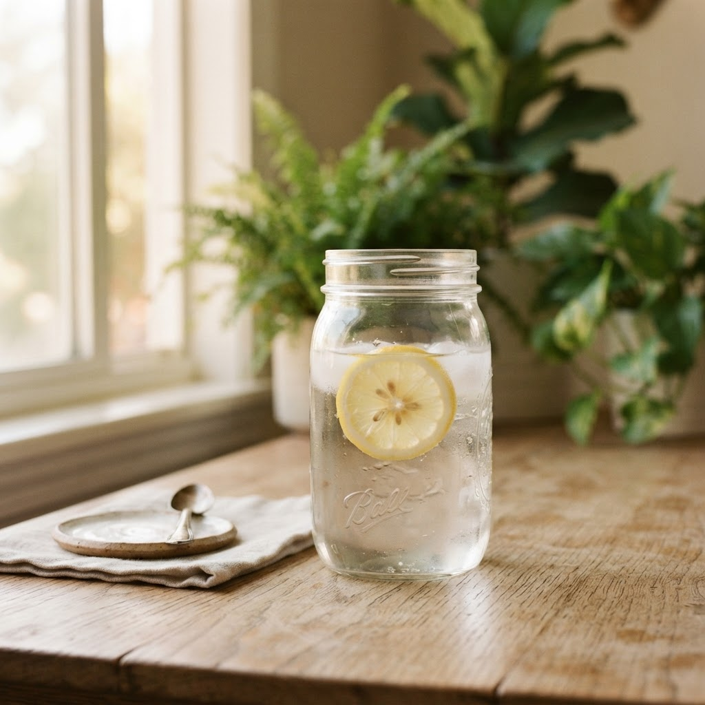 A glass mason jar of fresh water with a slice of lemon on a wooden table in morning light